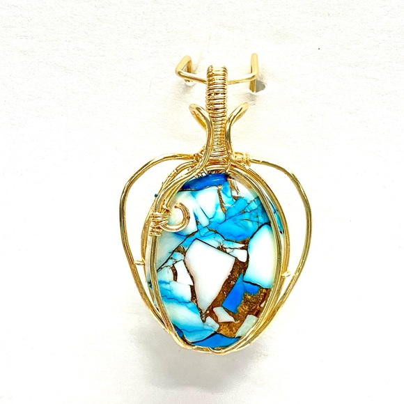 HANDCRAFTED Blue Dahlia Cabochon Hand Wrapped Pendant, Artisan Jewelry Gift Her - Picture 4 of 9